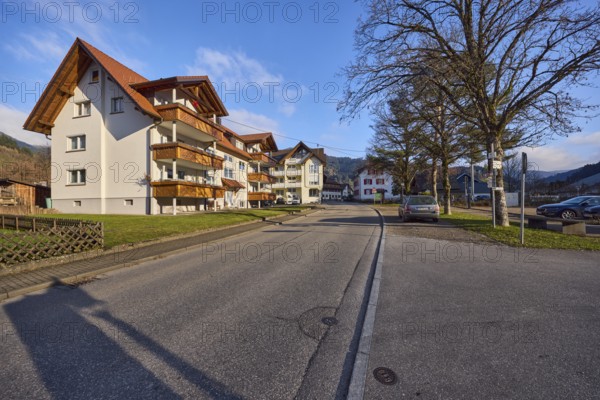 Houses, general architecture, residential buildings, apartment buildings, street, sidewalk, trees, meadow, hill, coniferous forest, blue sky, cumulus clouds, intersection of valley road with sawmill, Simonswald, Black Forest, Emmendingen district, Baden-Württemberg, Germany