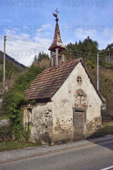 Ibiza old chapel, historic chapel, lantern, sidewalk, road, hill, coniferous forest, blue sky, cumulus clouds, valley road, Simonswald, Black Forest, Emmendingen district, Baden-Württemberg, Germany