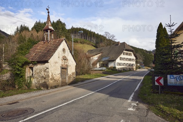 Old Ibicher chapel, historic chapel, general architecture, Black Forest house, lantern, sidewalk, street, hill, coniferous forest, blue sky, cumulus clouds, valley road, Simonswald, Black Forest, Emmendingen district, Baden-Württemberg, Germany