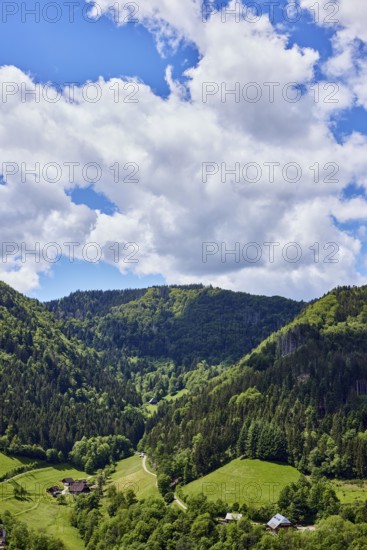 Simonswäldertal Dreitälerblick, Zweribach, landscape photography, hills, hilly landscape, coniferous forest, trees, meadow, homesteads, bird's eye view, elevated perspective, blue sky, cumulus clouds, L173, Simonswald, Black Forest, Emmendingen district, Baden-Württemberg, Germany