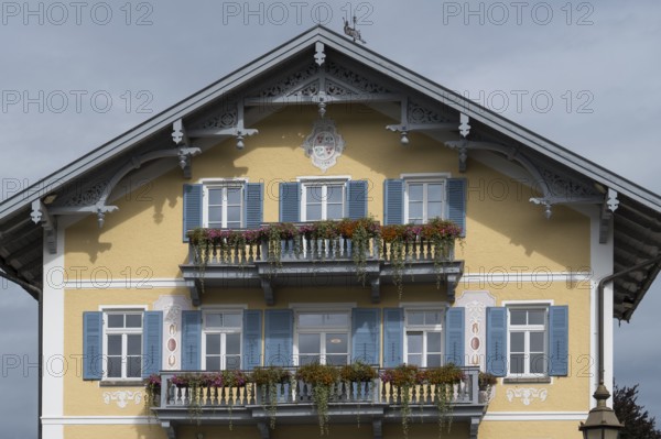 Gable of the historic town hall, town of Tegernsee, Upper Bavaria, Bavaria, Germany