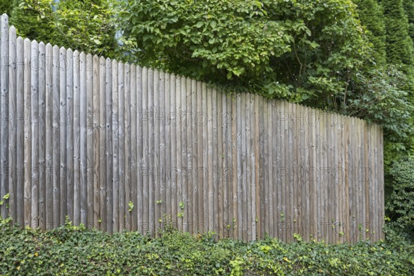 Wooden fence surrounded by bushes, palisade fence, vertical slats, Upper Bavaria, Bavaria, Germany