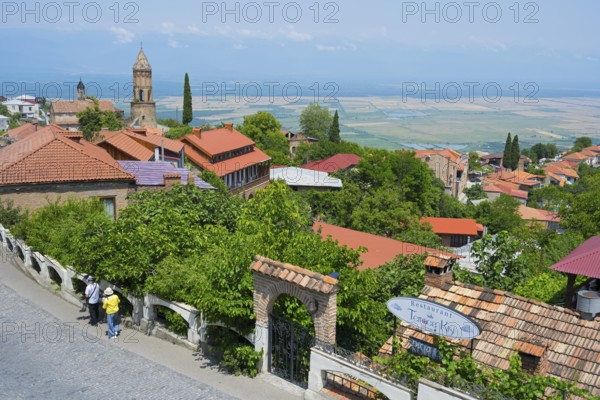 View of a paved street with lush vegetation and city view, St. George Church, Sighnaghi, Signagi, Kakheti Province, Greater Caucasus, Georgia, Western Asia