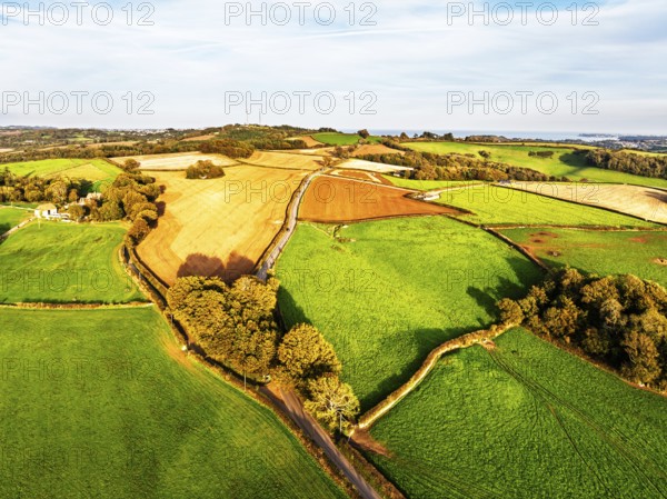 Colours of Devon Farms and Fields over Berry Pomeroy from a drone, Totnes, England, United Kingdom