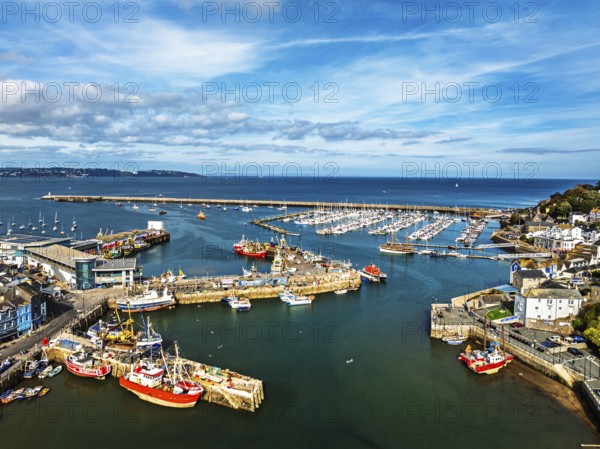 Brixham Hourbour and Brixham Marina from a drone, Brixham, Torbay, Devon, England, United Kingdom