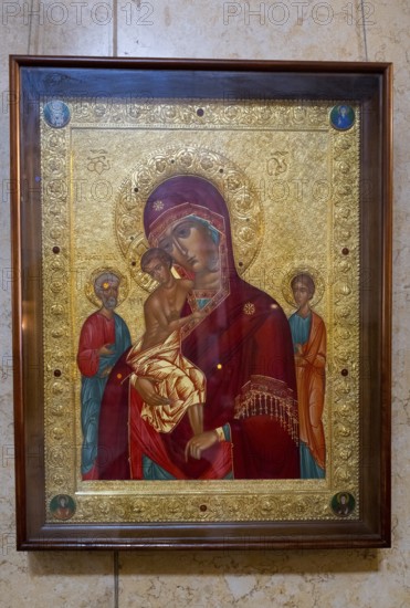 Icon of the Mother of God and Child, set in an ornately decorated golden frame, Sameba Cathedral, Trinity Cathedral, Tbilisi, Georgia