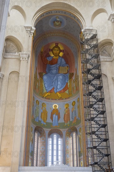 Interior view of a church with tall domes and magnificent frescoed icon paintings, Sameba Cathedral, Trinity Cathedral, Tbilisi, Tbilisi, Georgia
