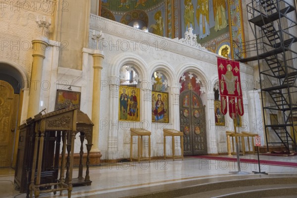 Interior view of an Orthodox church with icons and sacred objects in front of an altar, Sameba Cathedral, Trinity Cathedral, Tbilisi, Tbilisi, Georgia