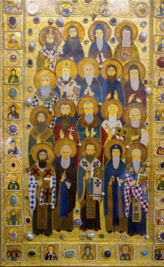 Detailed icons of saints decorated in gold, exhibited in a church room, Sameba Cathedral, Trinity Cathedral, Tbilisi, Tbilisi, Georgia