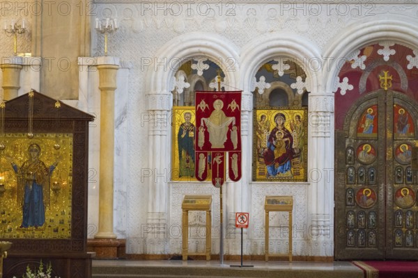 An artfully decorated interior with religious icons and decorated wall, Sameba Cathedral, Trinity Cathedral, Tbilisi, Tbilisi, Georgia