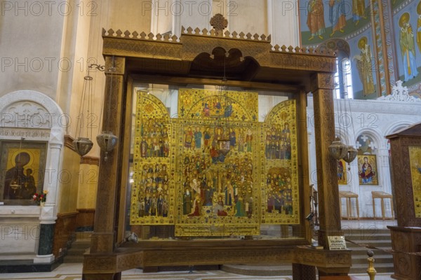 An elaborate icon shrine with detailed sacred representations in the church interior, Sameba Cathedral, Trinity Cathedral, Tbilisi, Tbilisi, Georgia