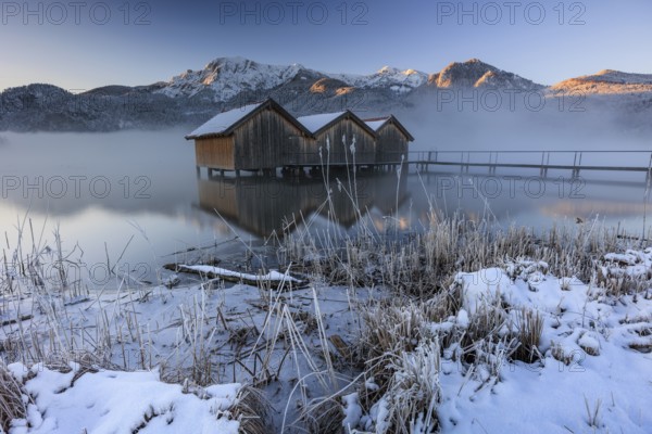 Huts, fishing huts, lake, reflection, snow, cold, fog, mountains, winter, morning light, ice, Schlehdorf, Lake Kochel, view of Herzogstand, Heimgarten, Bavarian Alps, Bavaria, Germany