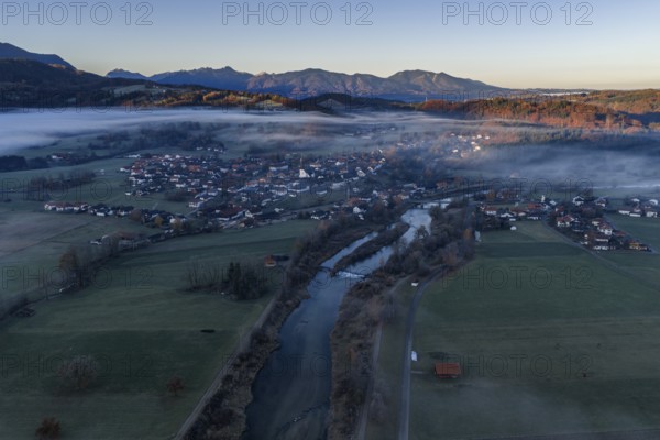 Village, houses, morning light, fog, mountains, autumn, sunny, aerial view, Großweil, foothills of the Alps, Bavaria, Germany