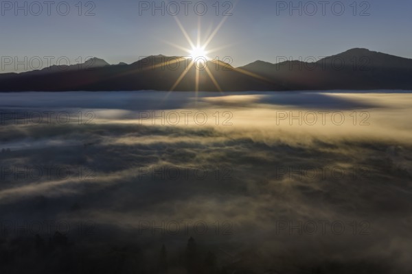 Sunrise, morning light, fog, mountains, autumn, back light, aerial view, view of, Benediktenwand, Rabenkopf, Jochberg, Alpine foothills, Bavaria, Germany