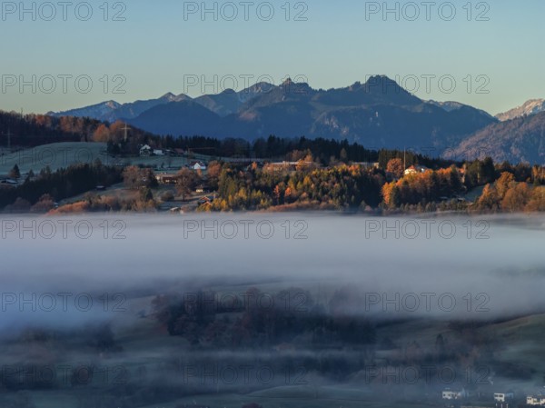 Mountain landscape, morning light, fog, mountains, autumn, sunny, aerial view, Glentleiten, Großweil, Alpine foothills, Bavaria, Germany