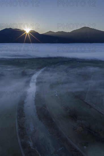 River, sunrise, morning light, fog, mountains, autumn, back light, aerial view, Loisach, behind Jochberg, foothills of the Alps, Bavaria, Germany