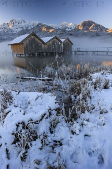Huts, fishing huts, lake, reflection, snow, cold, fog, mountains, winter, morning light, ice, Schlehdorf, Lake Kochel, view of Herzogstand, Heimgarten, Bavarian Alps, Bavaria, Germany