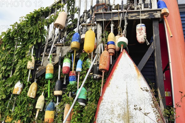 Colorful lobster buoys, boat, decoration, facade detail, seafood restaurant, lobster specialty, Perkins Cove, picturesque fishing village in Ogunquit, Maine, New England, USA