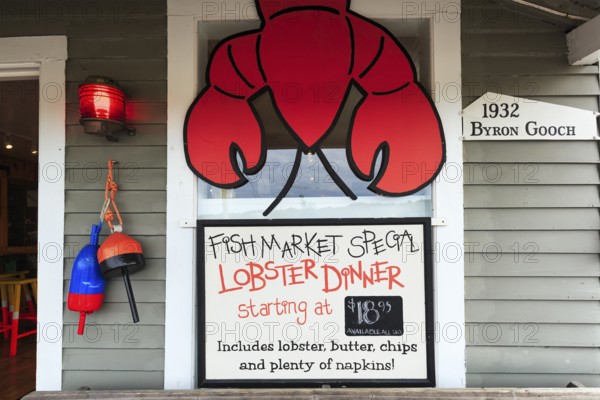 Entrance sign, restaurant, lobster specialty, fish market, decoration, Kennebunkport, Maine, New England, USA