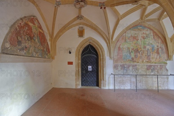 Gothic cloister with historic wall painting of the monastery church, Benedictine monastery built 15th century, interior view, Blaubeuren, Swabian Jura, Baden-Württemberg, Germany