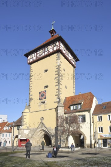 Historic Tübingen Gate built in 1330, city gate, city tower, pedestrian, Reutlingen, Swabian Jura, Baden-Württemberg, Germany
