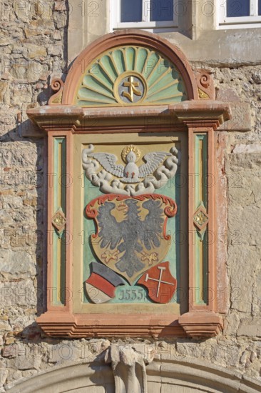 City coat of arms with date 1555, panel with decorations, detail, Spitalhof, market square, Reutlingen, Swabian Jura, Baden-Württemberg, Germany