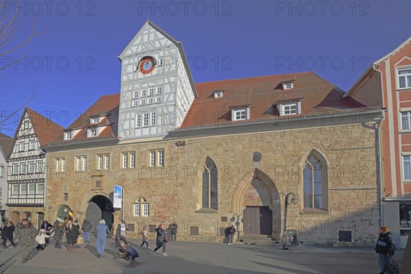 Hospital courtyard built 13th century with hospital church, pedestrian, market square, Reutlingen, Swabian Jura, Baden-Württemberg, Germany