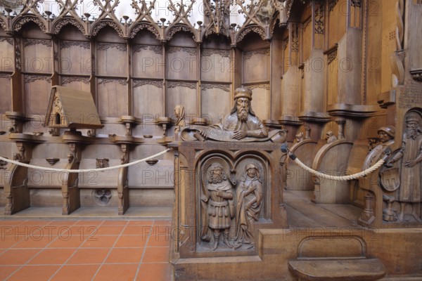 Late Gothic choir stalls from 1494 by sculptor and carpenter Jörg Syrlin the Younger, Ulm School, interior view, choir room, handicrafts, decorations, figures, wood carvings, monastery church, Benedictine monastery, Blaubeuren, Swabian Jura, Baden-Württemberg, Germany