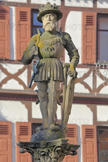Emperor Maximilian II sculpture fountain built in 1570, Holy Roman Empire, Habsburgs, knight with sword, cutout, market fountain, Maximilian fountain, market square, Reutlingen, Swabian Jura, Baden-Württemberg, Germany