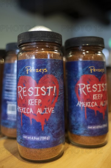 Arvada, Colorado - Bottles of spices on display at the Penzeys Spices store in Olde Town Arvada. The company does not hide its CEO's political leanings