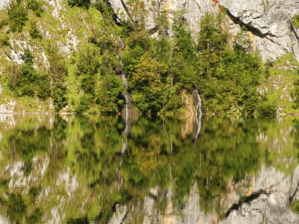 Mountain forest, small waterfall and rock walls are reflected in Obersee, Berchtesgaden National Park, Bavaria, Germany
