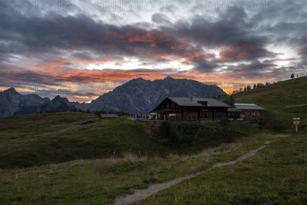 Sunset at Schutzhütte Gotzenalm with Watzmann Ostwand, Berchtesgaden National Park, Bavaria, Germany