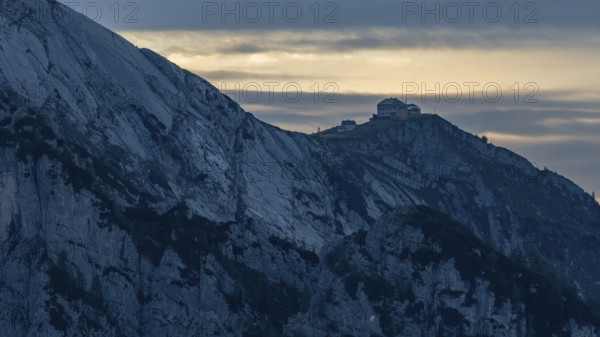 View of the Watzmannhaus refuge in the evening light, Berchtesgaden National Park, Bavaria, Germany