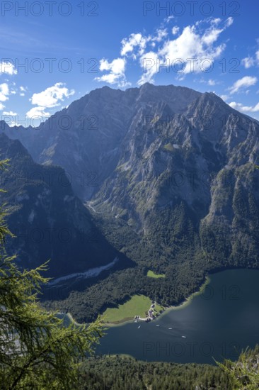Deep view from Feuerpalfen of Lake Königssee with St. Bartholomä and some ships as well as the Watzmann with its east face, Berchtesgaden National Park, Bavaria, Germany