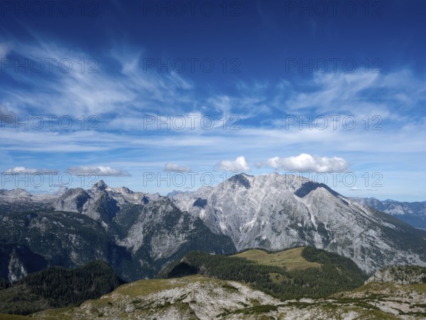 View from Kahlersberg of the Gotzenalm and Watzmann with the east face and the Großer Hundstod on the left, Berchtesgaden National Park, Bavaria, Germany