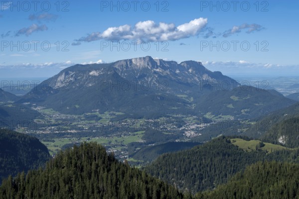 View from the south over Berchtesgaden to the Berchtesgaden High Throne and the Untersberg South Face, Bavaria, Germany