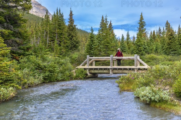 Female tourist is enjoying the breathtaking view from a wooden bridge over a clear stream, surrounded by lush greenery and the majestic mountains of banff national park in the canadian rockies