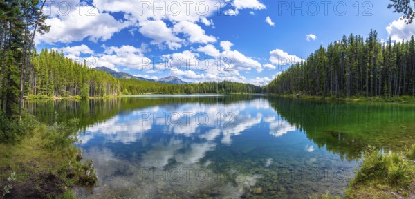 Breathtaking panoramic view of pristine herbert lake reflecting a vibrant blue sky with fluffy clouds, surrounded by lush forests and majestic mountains in banff national park