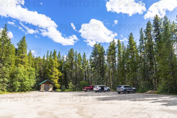 Herbert lake parking lot nestled in lush pine forest under a vibrant blue sky with fluffy clouds, providing a serene base for exploring banff national park's beauty