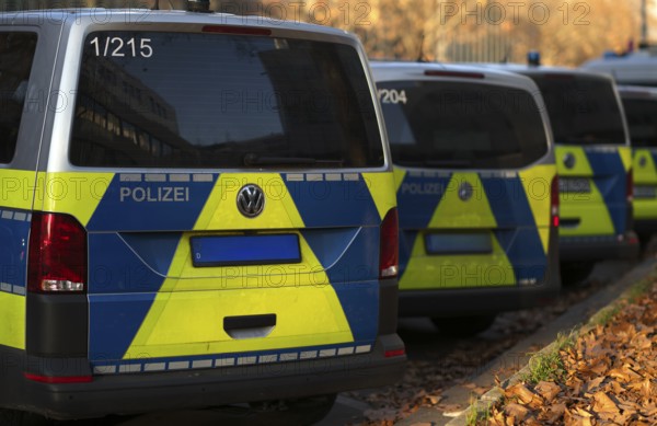 Various police vehicles, police cars, police vans, from behind, parked, Stuttgart, Baden-Württemberg, Germany