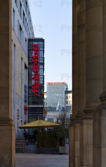 Advertising for Mediamarkt, behind L-Bank, Landesbank, Bolzstraße, Stuttgart, Baden-Württemberg, Germany