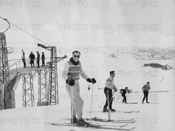 Male skiers at Cedars Ski Resort, Bsharri, Lebanon, Middle East c 1956 - the country's oldest skiing area and first ski lift built in 1953