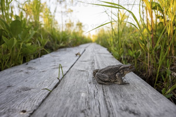 Common toad (Bufo bufo) are on a wooden walkway boardwalk wooden path, near Vianaavan lintutorni, Ravaniemi, Saarenkylä, Lapland, Finland