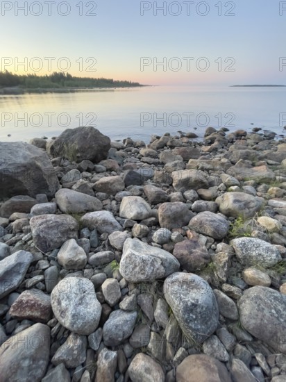 Midsummer on the Gulf of Bothnia at sunset with a stone shore, Ånäset, Västerbottens län, Sweden