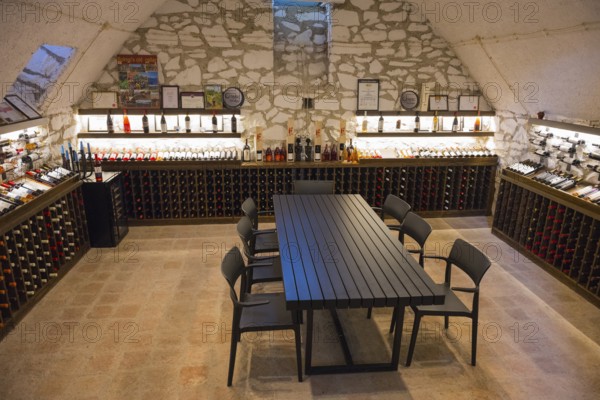 Wine cellar with long tasting table and chairs, surrounded by illuminated wine racks on stone walls, Georgian-German wine house from 1915, Bolnissi, Katharinenfeld, founded by Caucasian German settlers, Lower Kartli region, Kwemo Kartli, Georgia