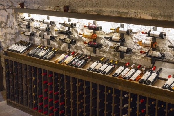 Detailed view of a wine cellar with illuminated wine racks along the rough stone wall, Georgian-German wine house from 1915, Bolnissi, Katharinenfeld, founded by Caucasian German settlers, Lower Kartli region, Kwemo Kartli, Georgia