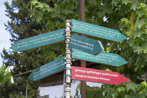 Colourful guide with cultural heritage signs in German and Georgian under Laub, Bolnissi, Katharinenfeld, founded by Caucasian German settlers, Lower Kartli region, Kwemo Kartli, Georgia
