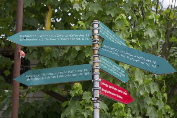 Green signpost with signs showing the cultural heritage of the 19th century under trees, Bolnissi, Katharinenfeld, founded by Caucasian German settlers, Lower Kartli region, Kwemo Kartli, Georgia