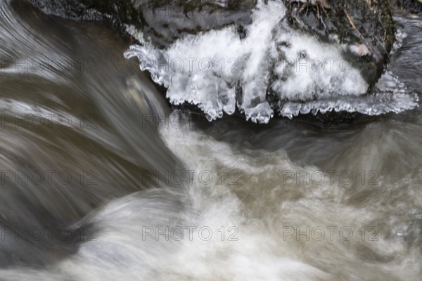 Natural ice sculptures on a stream, Emsland, Lower Saxony, Germany