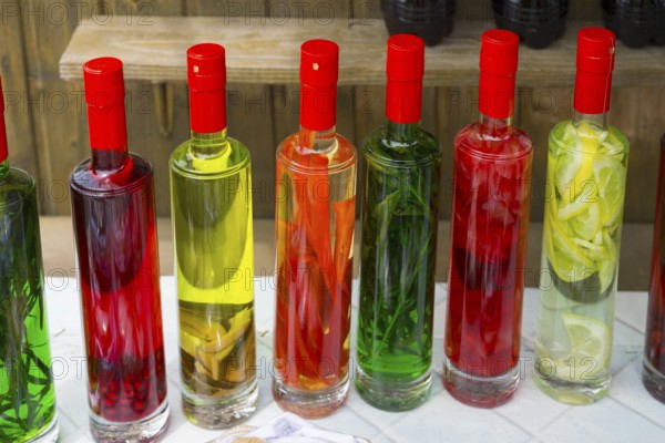 Close-up of colorful bottles filled with pickled fruits, chacha with colorful fruits, vegetables or spices, pomace brandy, grape distillate, Mtskheta, Mtskheta, Mtskheta, Mtskheta-Mtianeti region, Georgia